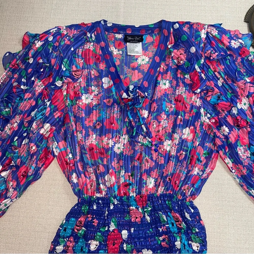 Diane Freis Original Vintage Midi Dress Blue Floral Sequin Boho 80s - Picture 11 of 12